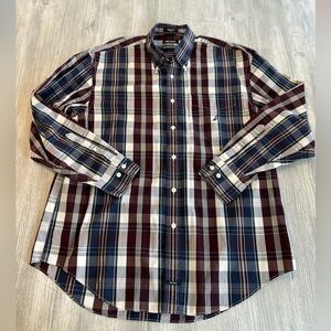 NAUTICA Men's 80's Two-ply Cotton Sport Shirt Plaid Pattern Red Blue White Large